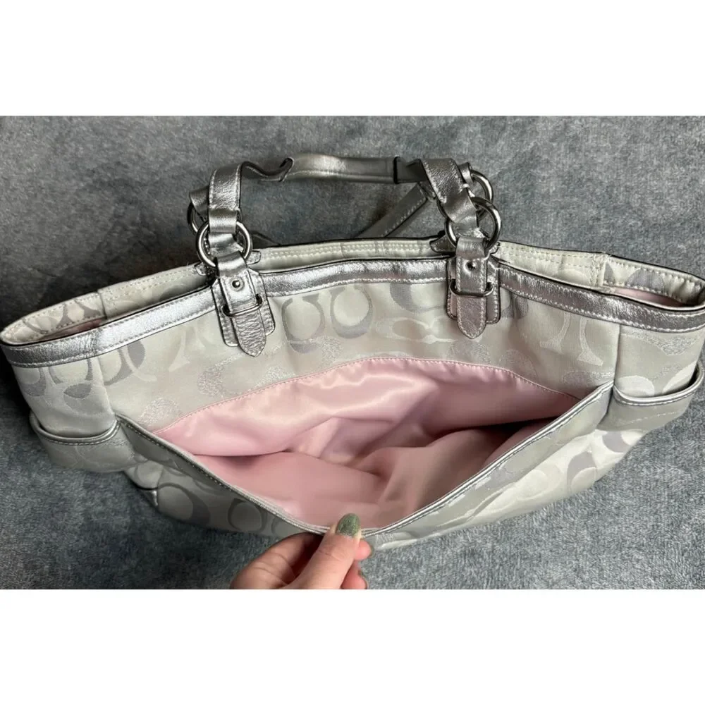 Coach Silver Metallic Signature Jacquard Tote Shoulder Bag Pink